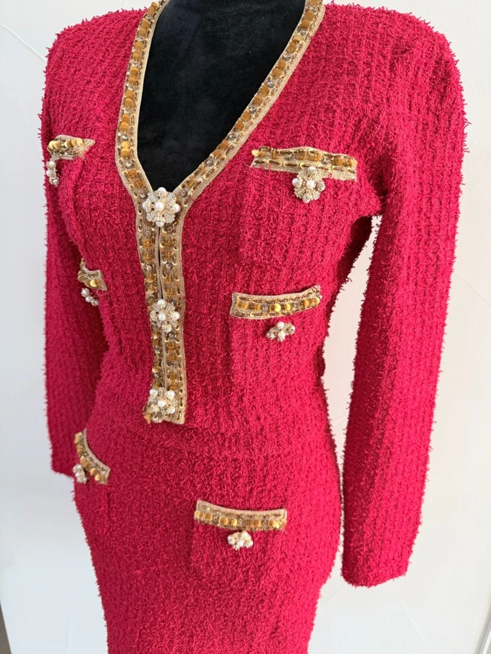 New Self portrait Red Tweed Two-Piece Skirt Set with Gold Trim size S - Picture 14 of 15
